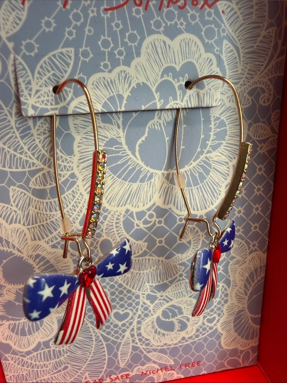 Betsey Johnson | 4th Of July Americas Birthday Rhinestone Bow Earrings 🇺🇸
